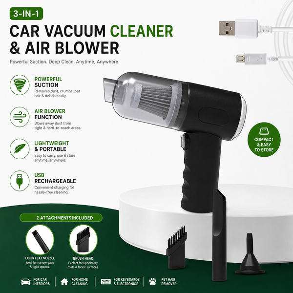 Portable Car Vacuum Cleaner & Air Blower 3-in-1 | مكنسة سيارة محمولة ومنفاخ هواء 3 في 1